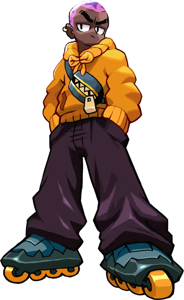 Rush, a MISFITZ character in an orange hoodie, baggy dark pants and inline skates