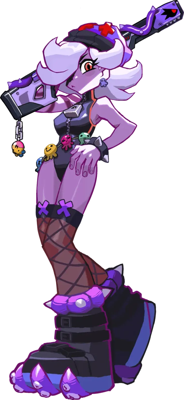 Shade, a MISFITZ character with lilac hair, a purple outfit and a long rifle over her shoulder