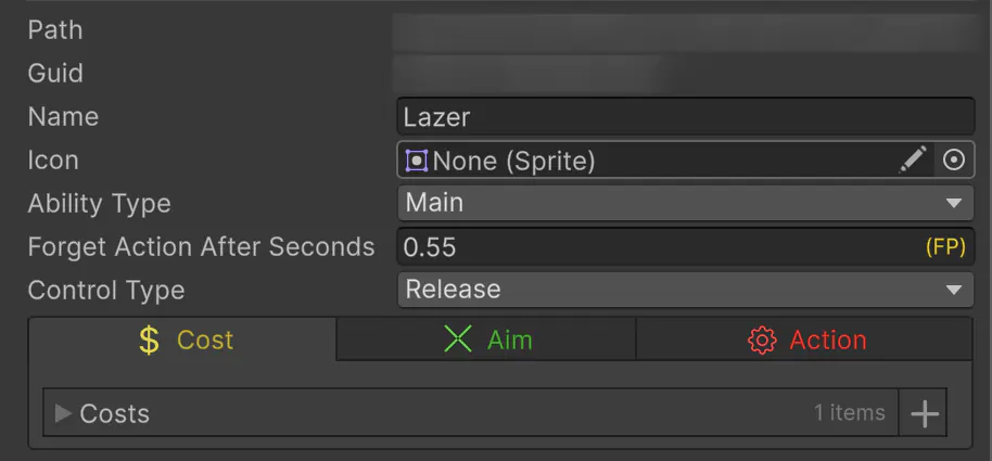 The MISFITZ Combat Actions editor showing the settings for 'Lazer', Ray's main ability: ability type Main, control type Release, a 0.55 second forget-action timer, and Cost, Aim and Action tabs.