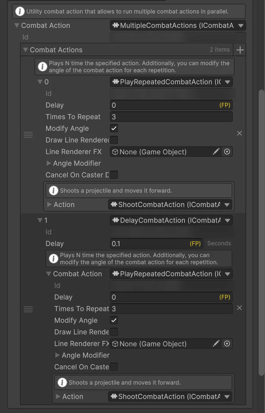 Beat's main ability in the editor: a Multiple combat action that runs two Play Repeated actions of 3 shots each, the second one after a 0.1 second delay.
