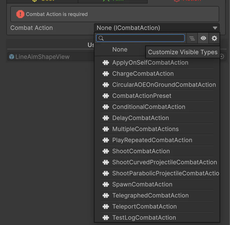 An empty Combat Action slot in the MISFITZ editor with the list of combat action types open: apply on self, charge, circular area on ground, conditional, delay, multiple, play repeated, shoot, spawn, teleport and more.