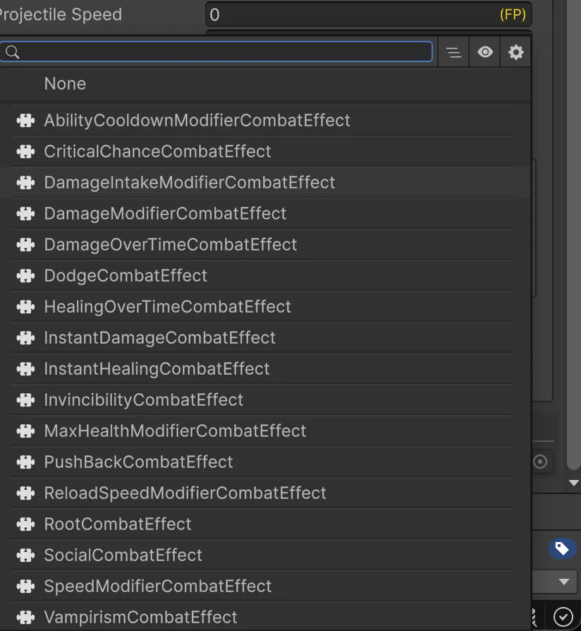 The list of combat effects in the MISFITZ editor, including cooldown modifier, critical chance, damage over time, dodge, healing over time, instant damage, invincibility, push back, root, speed modifier and vampirism.