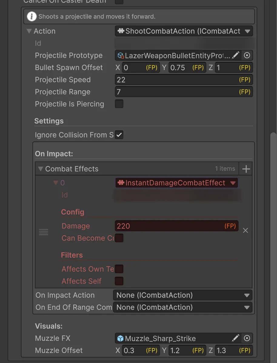 The finished chain for Ray's main ability: Play Repeated wrapping a Shoot combat action whose bullet applies an instant-damage combat effect of 220 on impact.