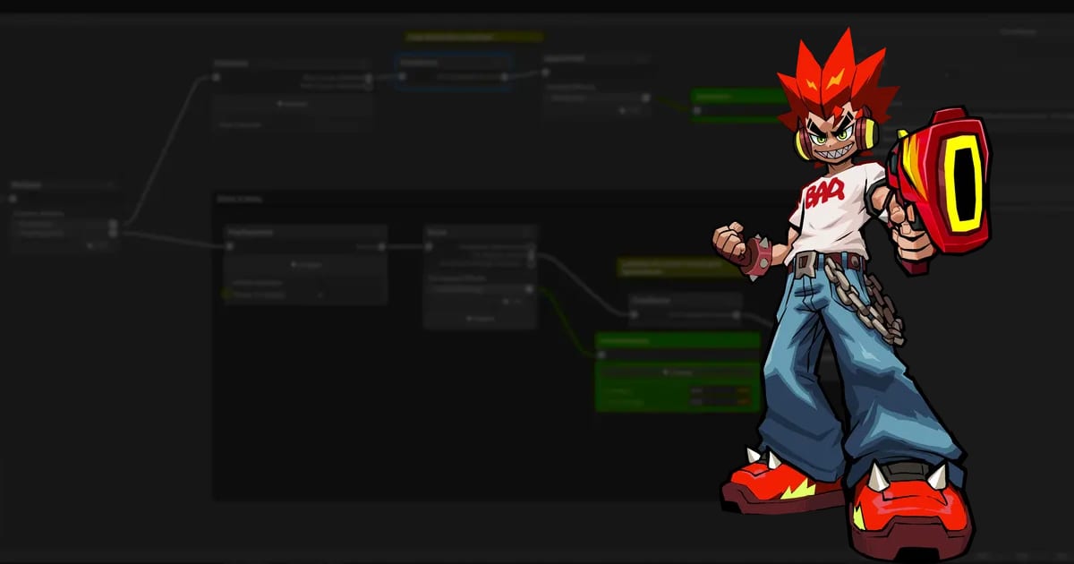 Ray, with spiky red hair and a gauntlet blaster, in front of the node graph of the MISFITZ Combat Action Editor.