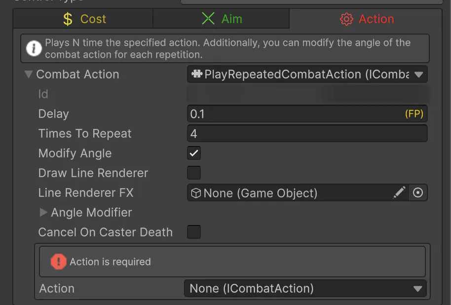 A Play Repeated combat action set to a 0.1 second delay and 4 repetitions, with Modify Angle on and an empty Action slot for the action it repeats.