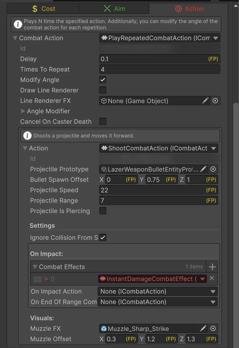 The Action tab for Ray's main ability: a Play Repeated combat action set to 4 repeats with a 0.1 second delay, wrapping a Shoot combat action with projectile speed 22, range 7 and an instant-damage combat effect on impact.