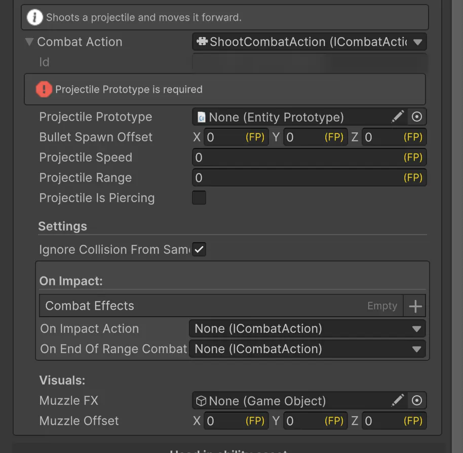A Shoot combat action before it is set up: projectile prototype, spawn offset, speed, range and piercing, plus On Impact effects, an On Impact action and an On End Of Range action.