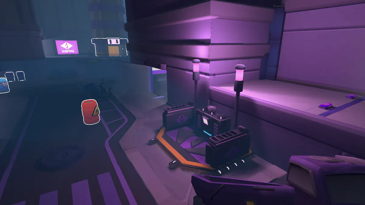 A MISFITZ street corner in purple light, with an elevator, a red explosive barrel and a manhole cover in the road.