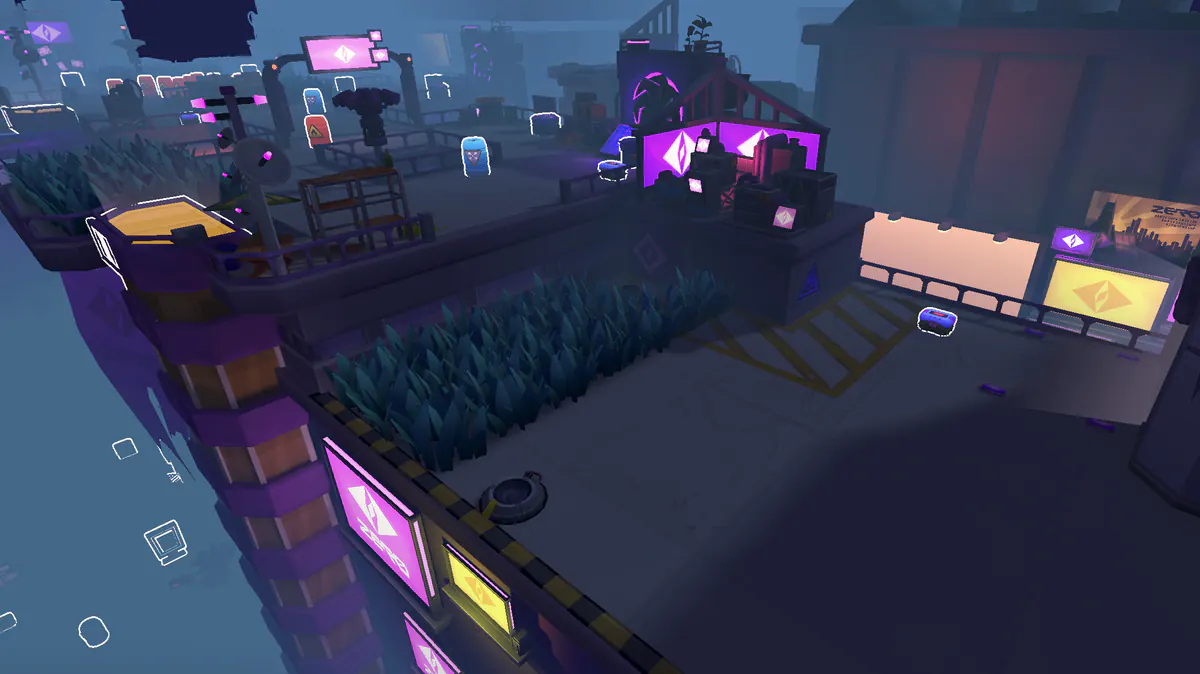 A MISFITZ rooftop at dusk: neon Zero billboards, a lit magenta kiosk, tall grass, a manhole cover and outlined loot.