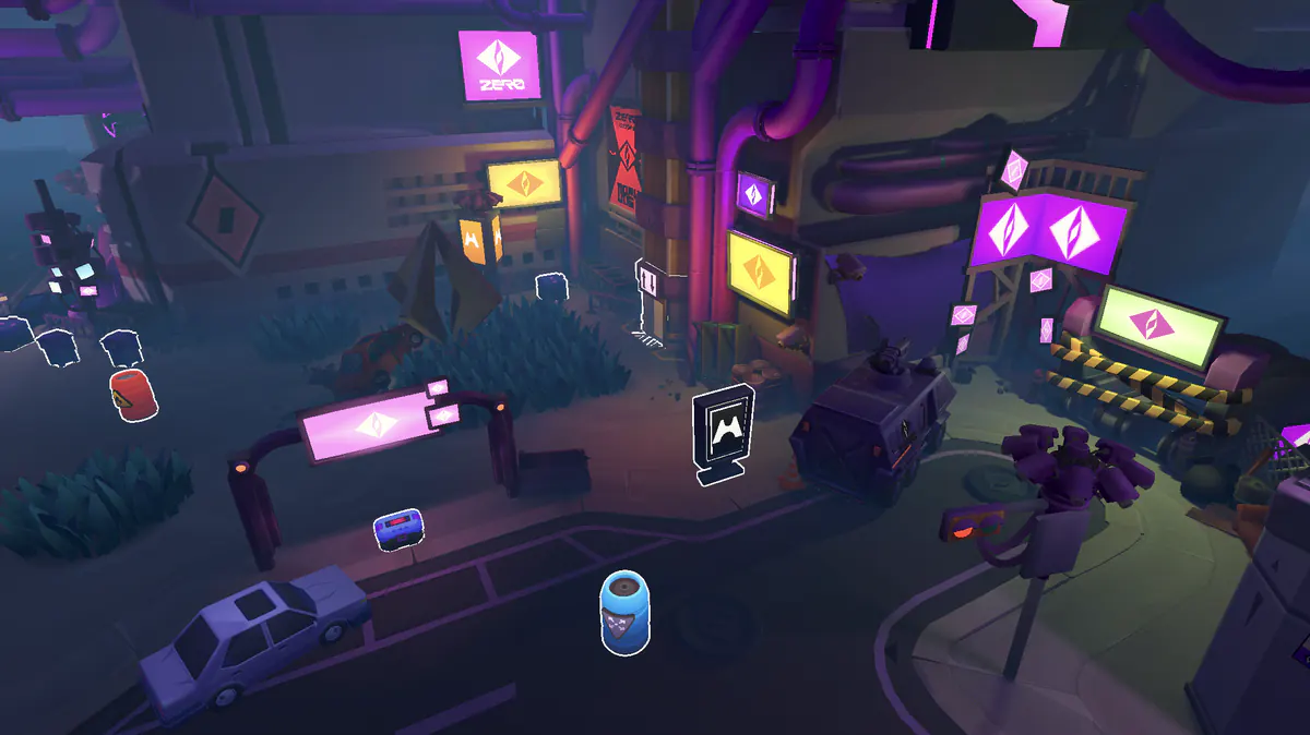 A MISFITZ street at night: magenta Zero signs on industrial buildings, thick pipes, an armored truck, a parked car and outlined loot.