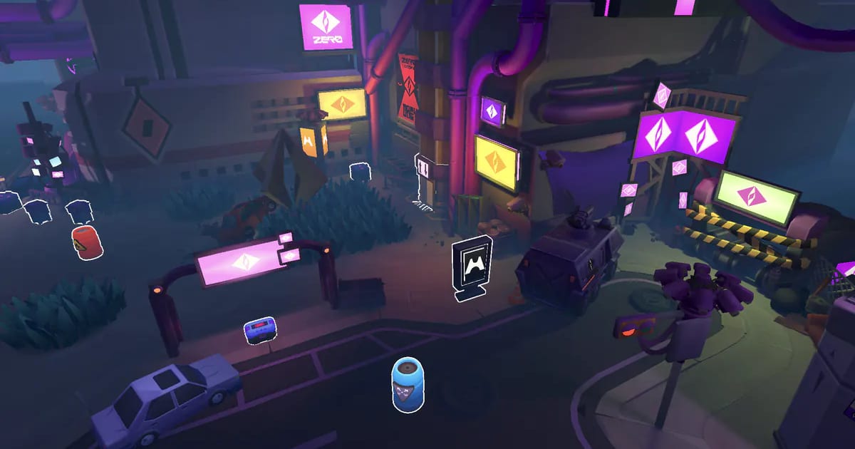 A MISFITZ street at night: magenta Zero signs on industrial buildings, thick pipes, a parked car and outlined loot.