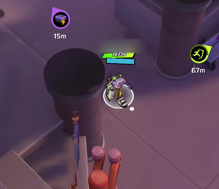 Top-down view of a MISFITZ character on a rooftop beside a large round vent, with map markers 15 m and 67 m away. The player name is blurred.