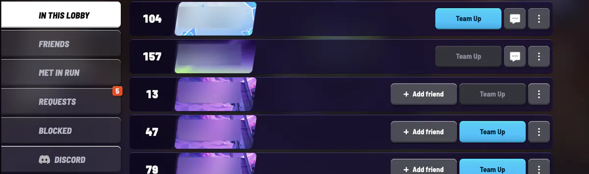 The MISFITZ Friends screen: tabs for In This Lobby, Friends, Met In Run, Requests, Blocked and Discord, and a list of players with Team Up, chat and Add friend buttons. Names are blurred.