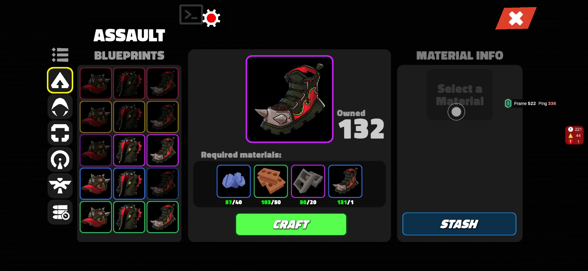 MISFITZ crafting UI: blueprints and required materials at the workbench