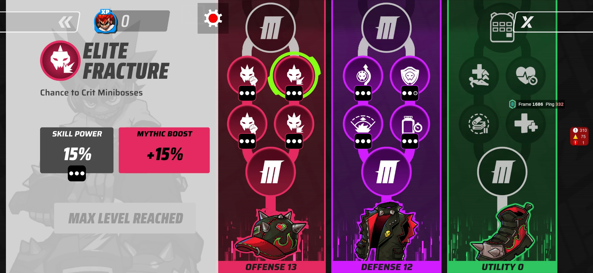 MISFITZ upgrade-tree UI with offense, defense and utility skill columns
